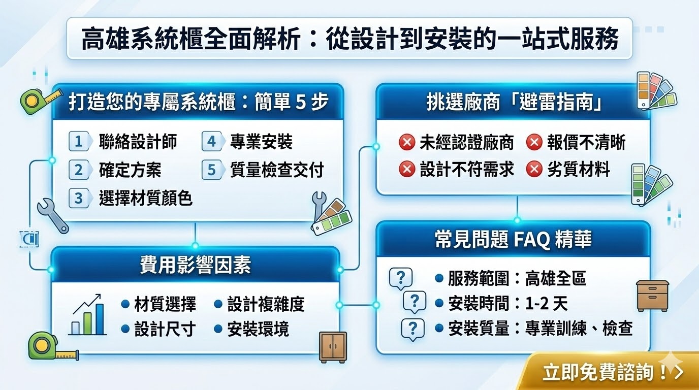 高雄系統櫃提供客製化設計與安裝服務，專為提升空間利用率和美觀度而設計。無論是家庭、辦公室或商業場所，系統櫃都能有效解決收納問題，並提供專業的空間規劃。選擇高雄系統櫃，不僅能夠根據需求量身定制櫃體，還能保證材質與工藝的高品質，讓每個空間都得到最佳的利用和美學呈現。