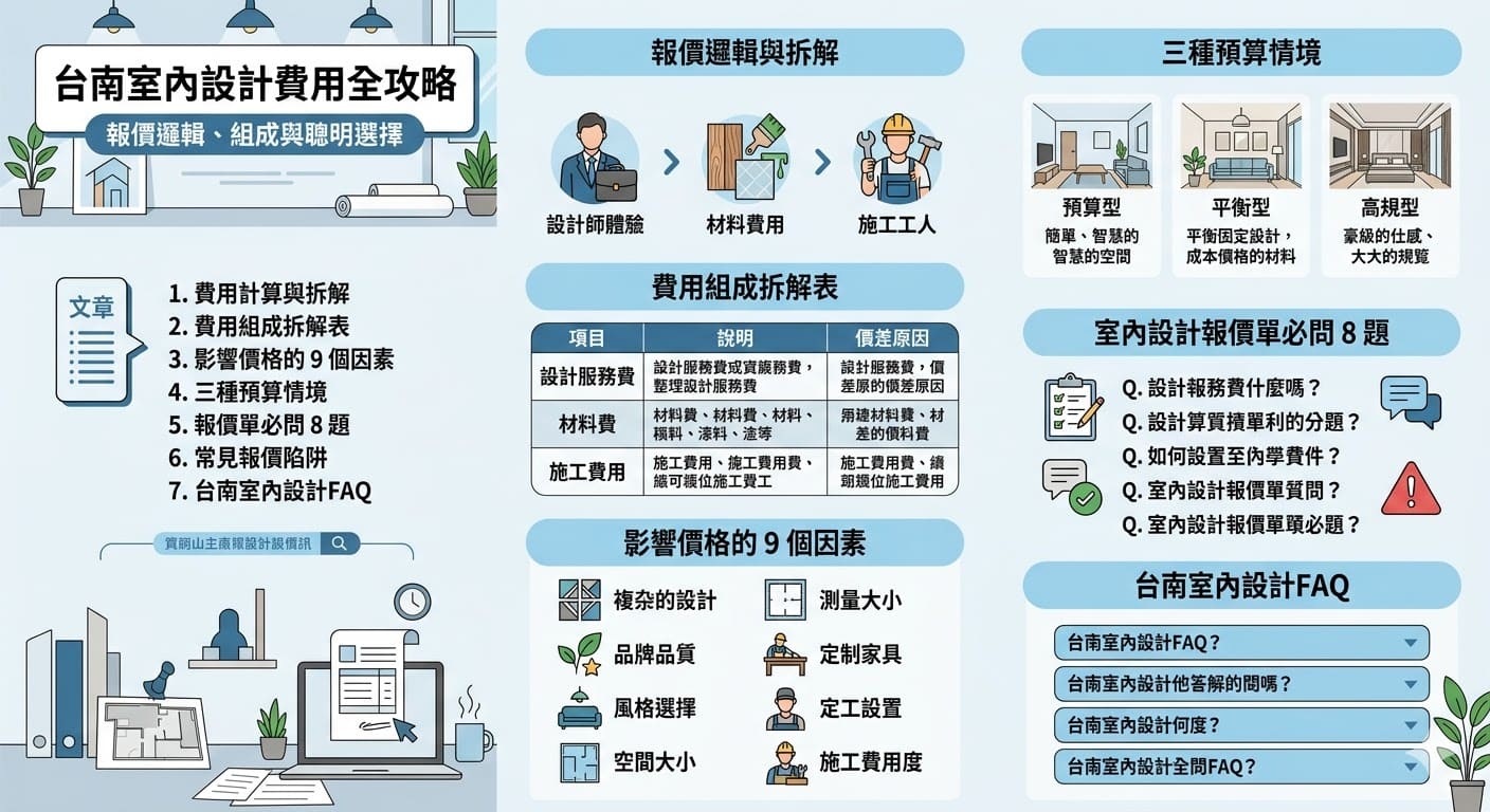如果你正在考慮進行台南室內設計，了解費用組成與報價邏輯是至關重要的。這篇文章將為你拆解台南室內設計的費用結構，並介紹影響價格的主要因素。從設計費用、材料選擇到施工費用的詳細分析，幫助你選擇合適的設計方案，避免常見的報價陷阱。無論是預算控還是高規型需求，這篇文章都將為你提供實用的參考和建議。