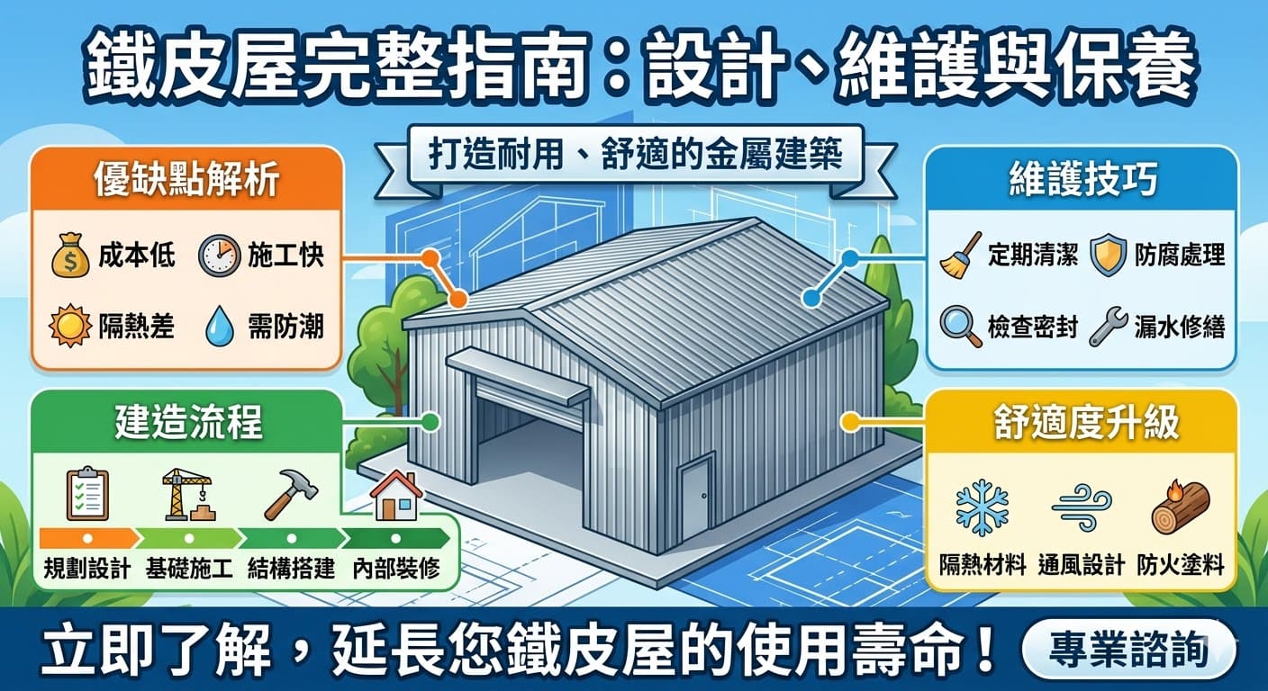 鐵皮屋是一種經濟實用的建築形式，廣泛應用於倉庫、車庫及簡易住宅等場所。由於鐵皮屋結構簡單且施工快速，它成為了許多商業和工業建設的首選。然而，隨著時間的推移，鐵皮屋可能會出現結構老化、隔熱不良等問題。本文將深入探討鐵皮屋的設計要點、常見問題、維護技巧與保養方法，幫助您延長鐵皮屋的使用壽命，提升其舒適度與安全性。